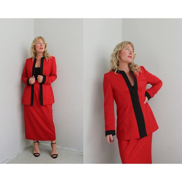 1980's Vintage Custom Tailored Red Skirt & Blazer Korean Suit Set Womens SM 4 6 - Picture 1 of 10